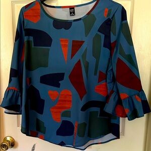Karen Kane Blue and Orange Abstract Blouse